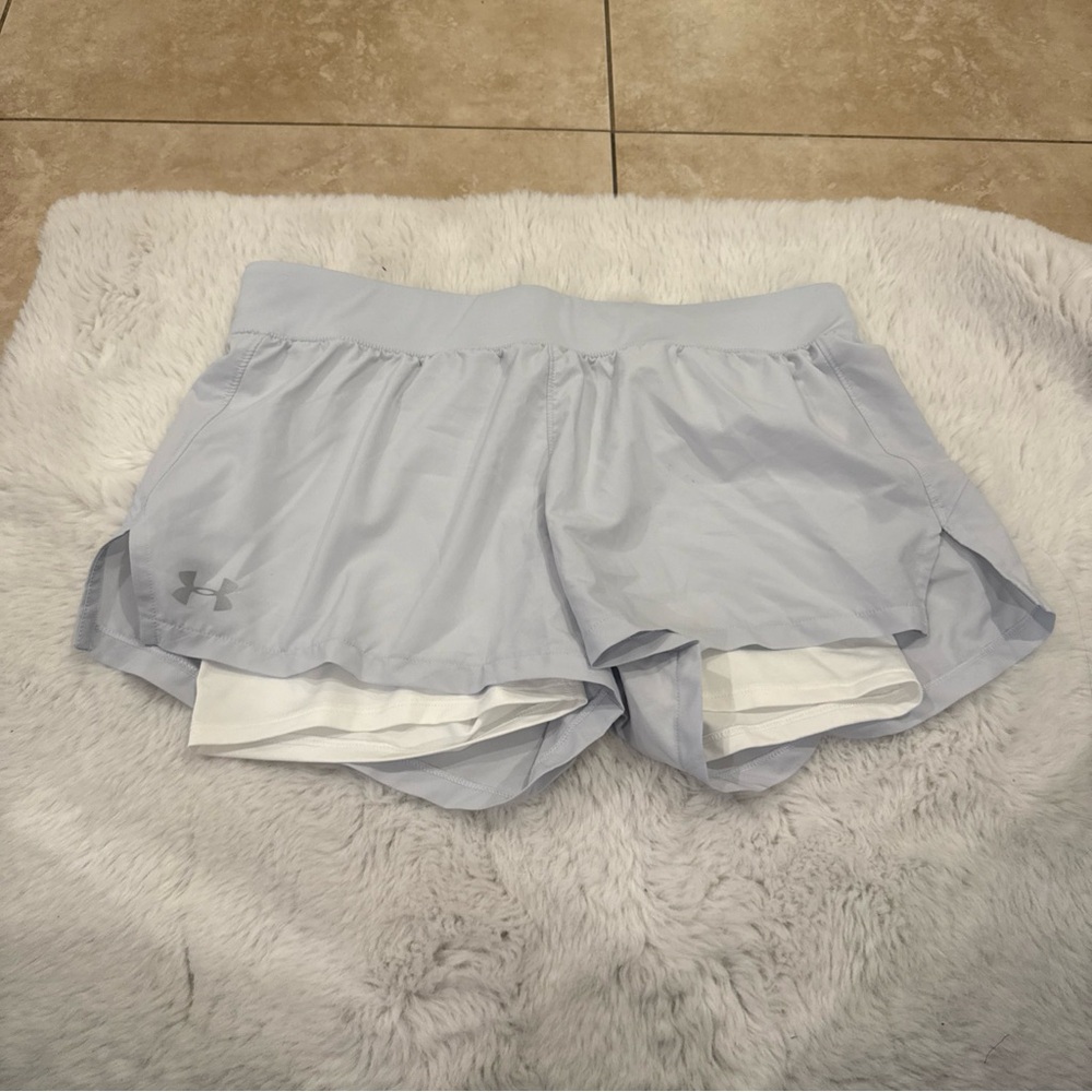 Under Armour HeatGear  Running Shorts Lined Light Gray & White Womens Large